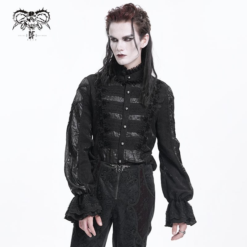 DEVIL FASHION Men's Gothic Pleated Lace Crochet Shirt