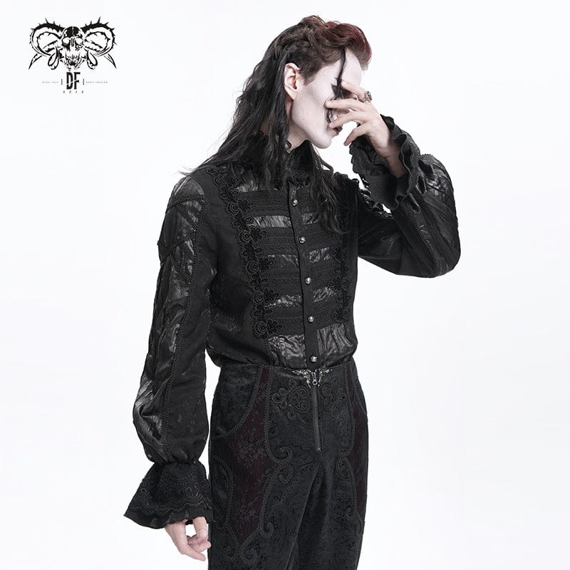 DEVIL FASHION Men's Gothic Pleated Lace Crochet Shirt