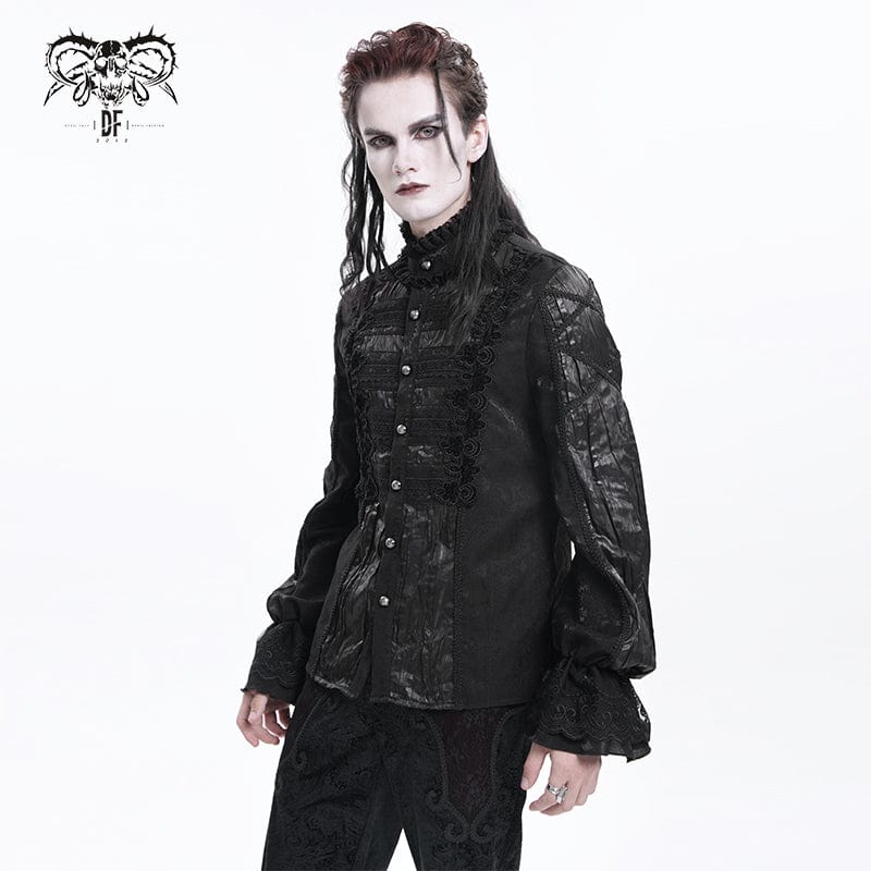 DEVIL FASHION Men's Gothic Pleated Lace Crochet Shirt