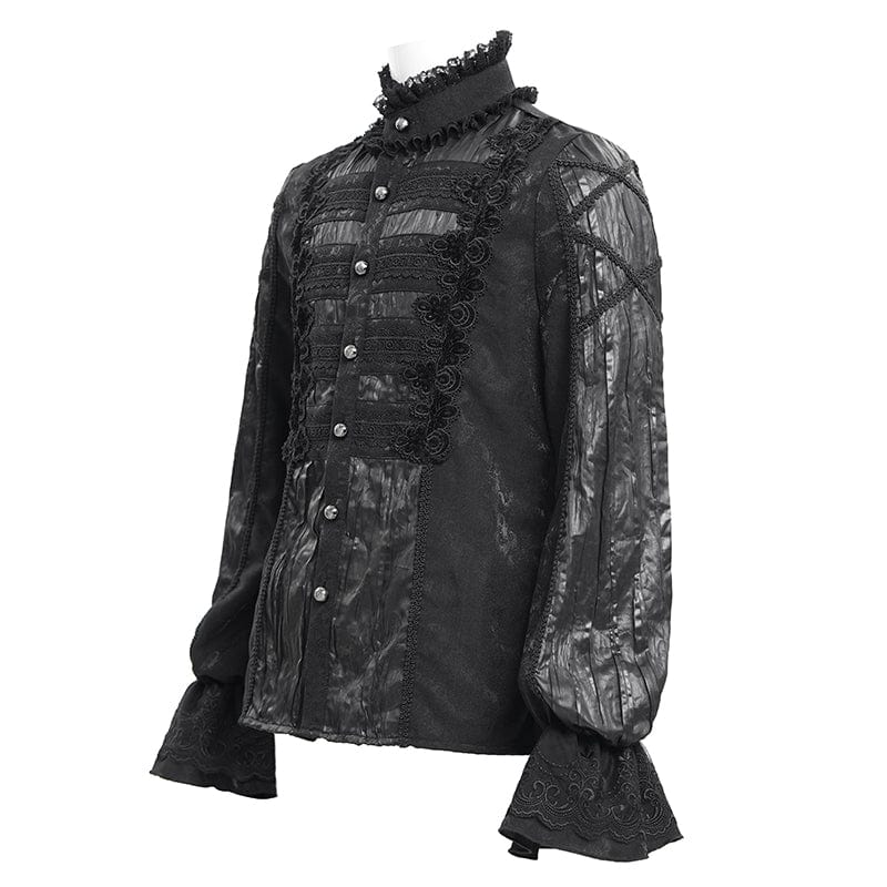DEVIL FASHION Men's Gothic Pleated Lace Crochet Shirt