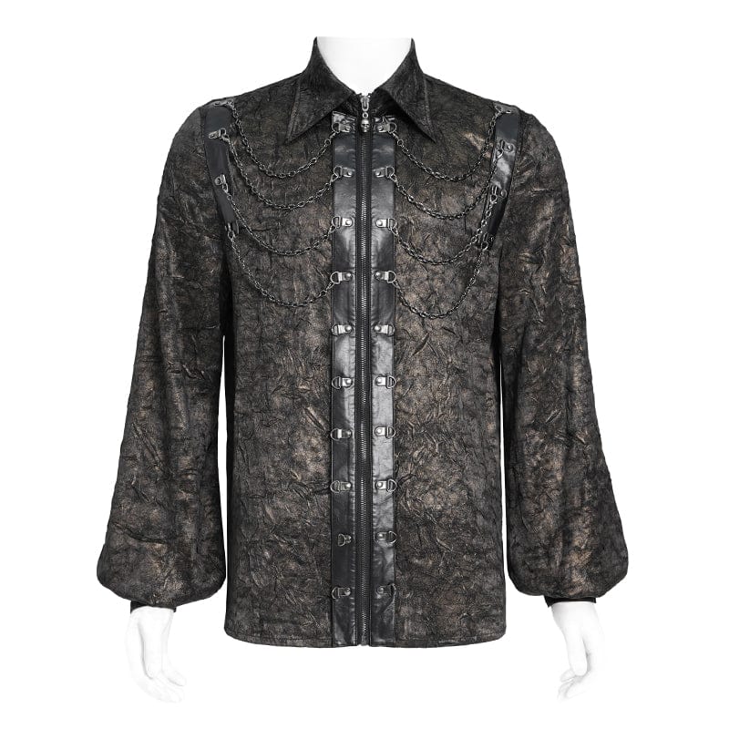 DEVIL FASHION Men's Gothic Puff Sleeved Faux Leather Splice Shirt with Chain