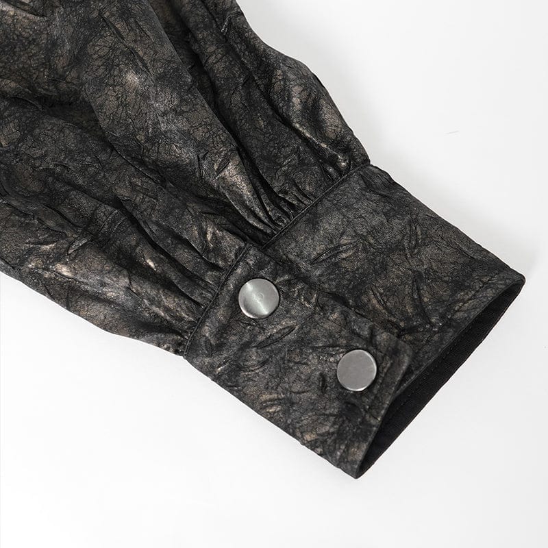 DEVIL FASHION Men's Gothic Puff Sleeved Faux Leather Splice Shirt with Chain