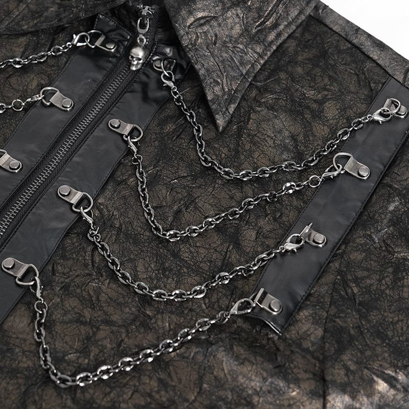 DEVIL FASHION Men's Gothic Puff Sleeved Faux Leather Splice Shirt with Chain