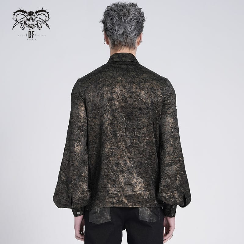 DEVIL FASHION Men's Gothic Puff Sleeved Faux Leather Splice Shirt with Chain