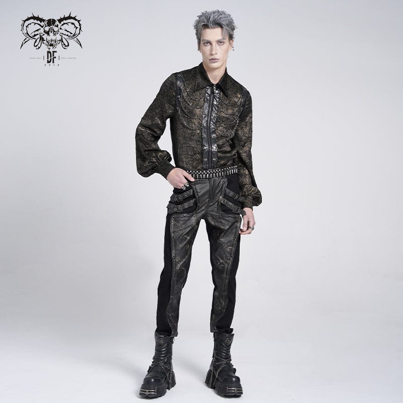 DEVIL FASHION Men's Gothic Puff Sleeved Faux Leather Splice Shirt with Chain