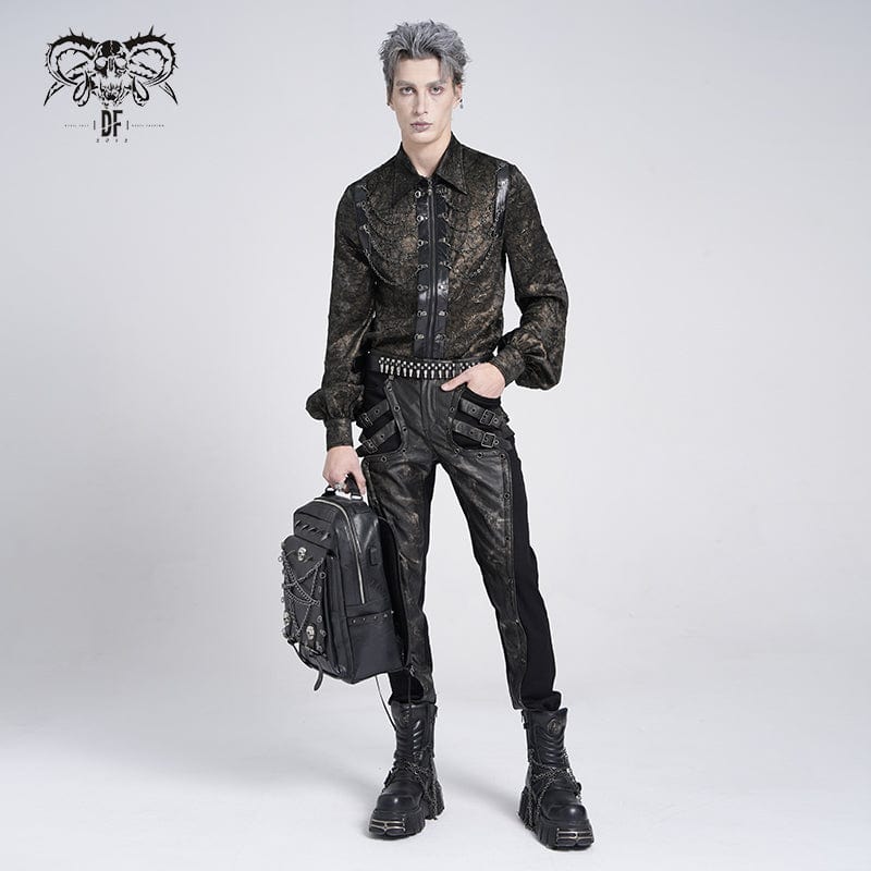 DEVIL FASHION Men's Gothic Puff Sleeved Faux Leather Splice Shirt with Chain