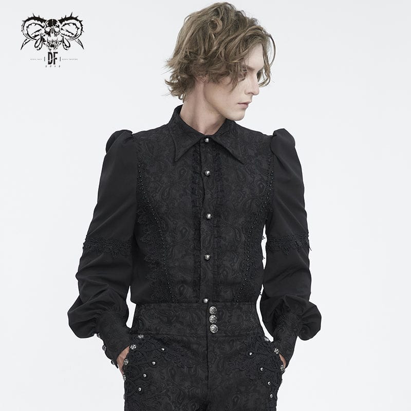 DEVIL FASHION Men's Gothic Puff Sleeved Jacquard Splice Shirt