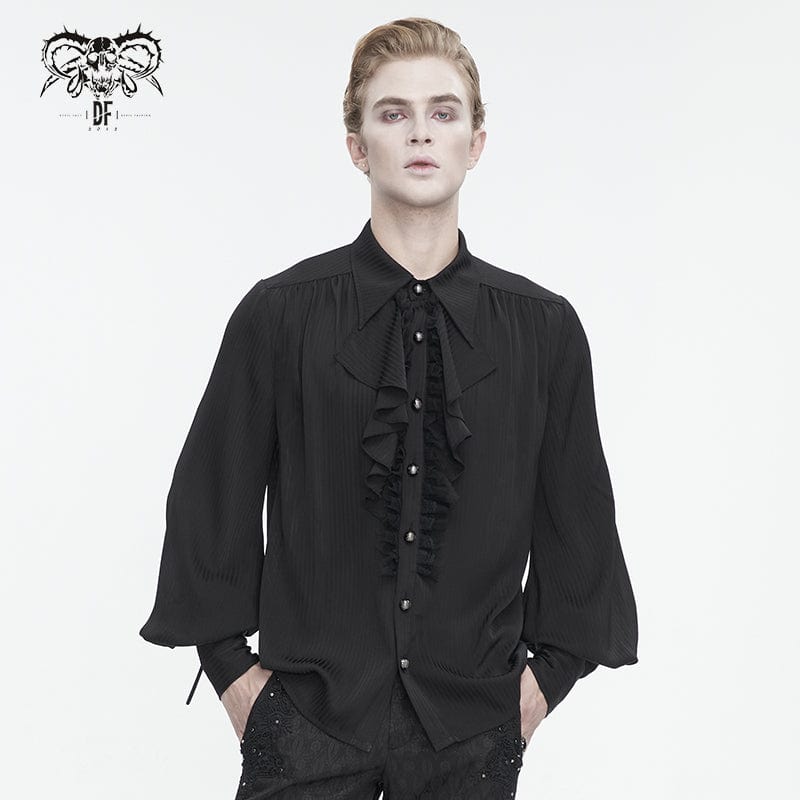 DEVIL FASHION Men's Gothic Puff Sleeved Ruffled Lace Splice Shirt Black