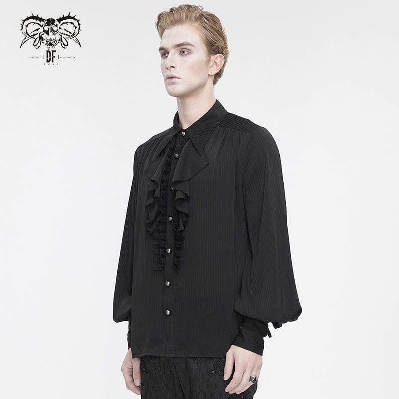 DEVIL FASHION Men's Gothic Puff Sleeved Ruffled Lace Splice Shirt Black
