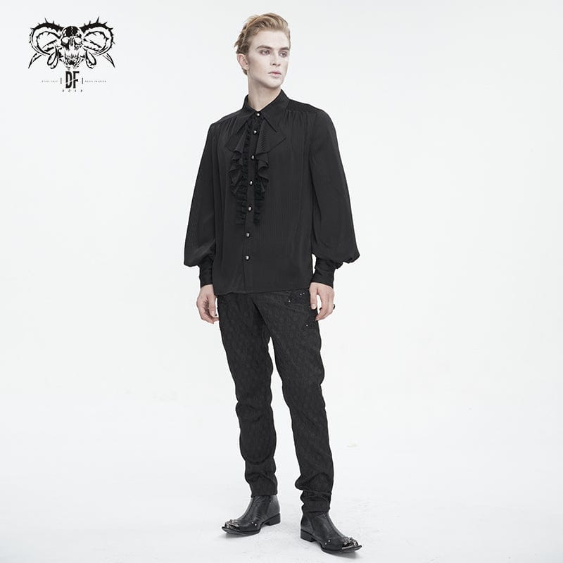 DEVIL FASHION Men's Gothic Puff Sleeved Ruffled Lace Splice Shirt Black