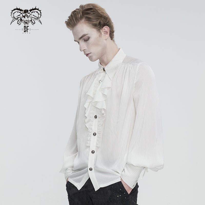 DEVIL FASHION Men's Gothic Puff Sleeved Ruffled Lace Splice Shirt White