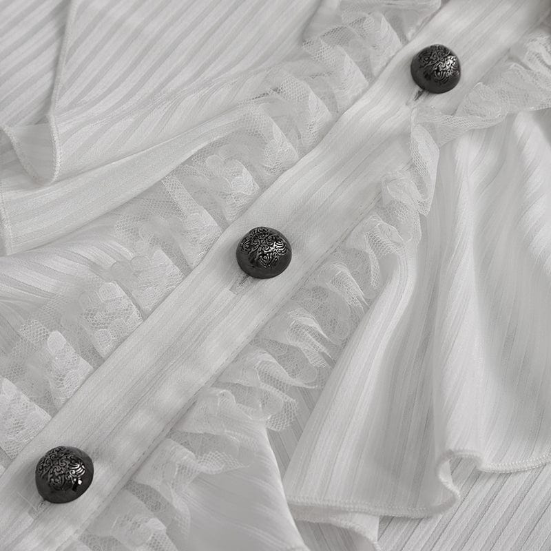 DEVIL FASHION Men's Gothic Puff Sleeved Ruffled Lace Splice Shirt White