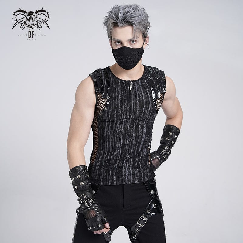DEVIL FASHION Men's Gothic Ribbed Mesh Splice Zipper Vest