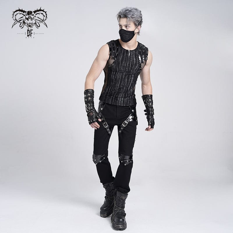 DEVIL FASHION Men's Gothic Ribbed Mesh Splice Zipper Vest