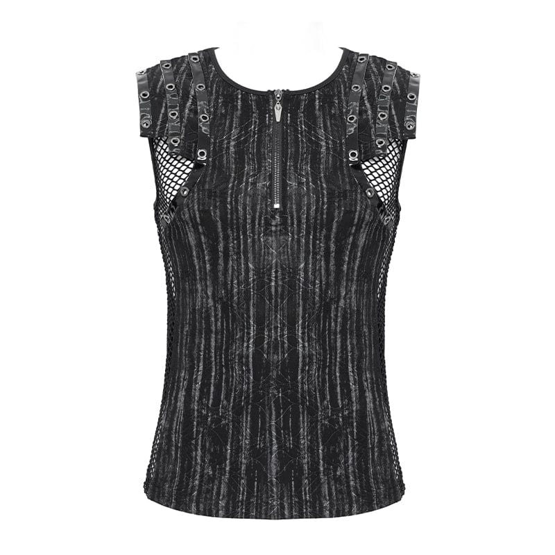 DEVIL FASHION Men's Gothic Ribbed Mesh Splice Zipper Vest