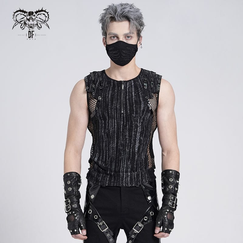 DEVIL FASHION Men's Gothic Ribbed Mesh Splice Zipper Vest