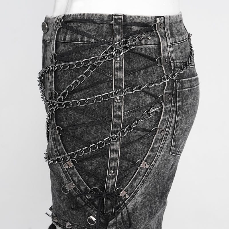 DEVIL FASHION Men's Gothic Ripped Studded Pants with Chain