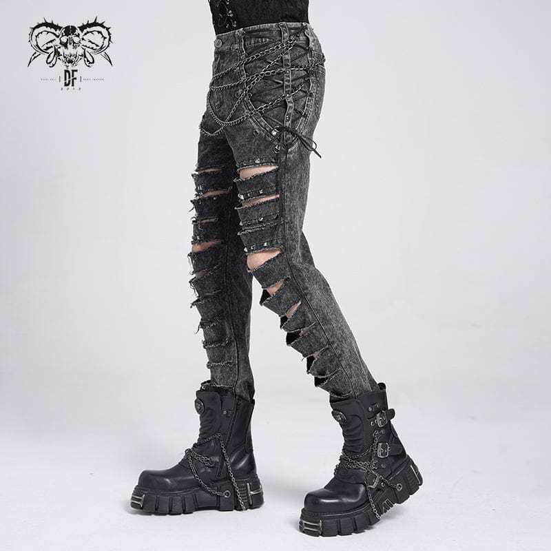 DEVIL FASHION Men's Gothic Ripped Studded Pants with Chain