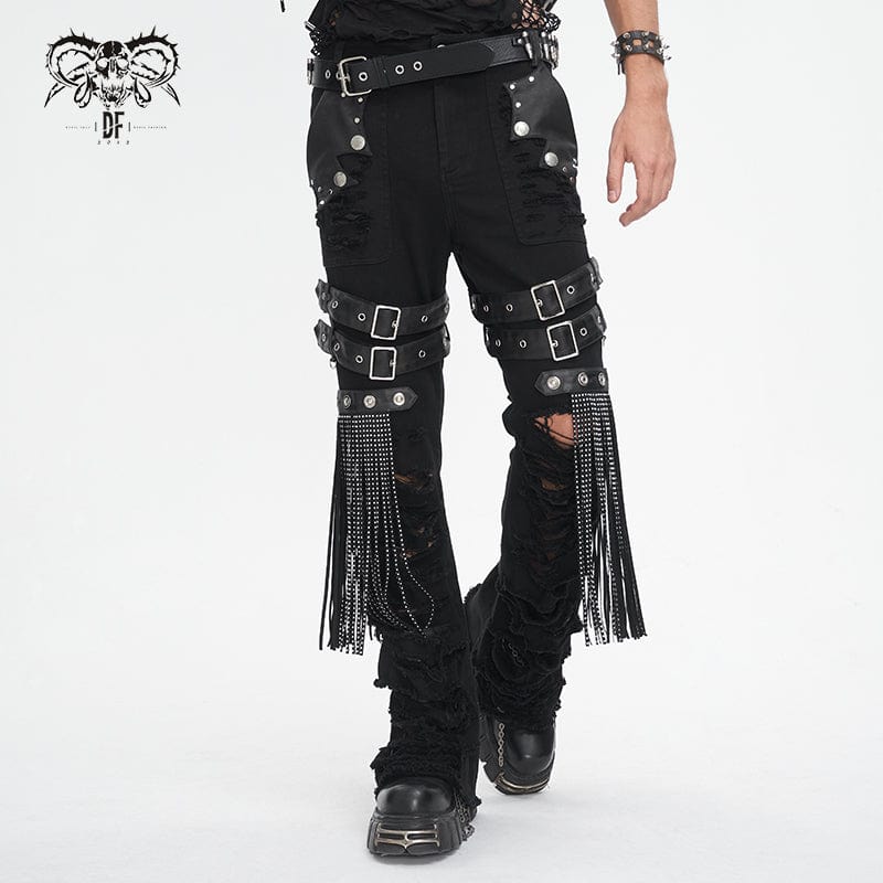 DEVIL FASHION Men's Gothic Ripped Tassels Pants