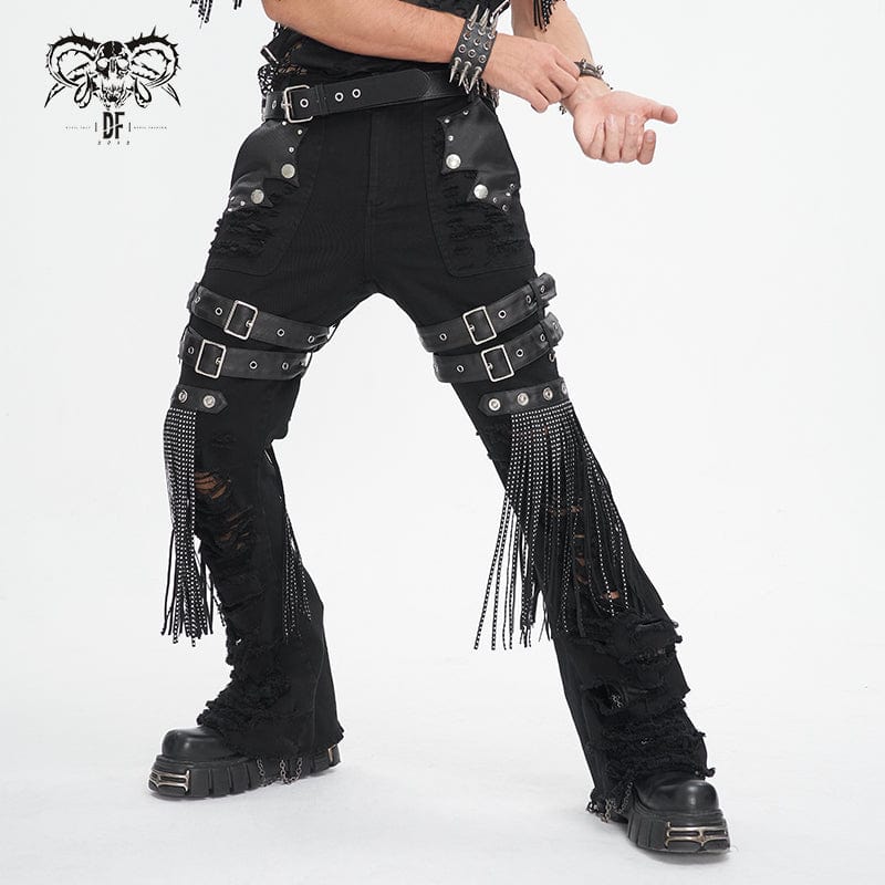 DEVIL FASHION Men's Gothic Ripped Tassels Pants