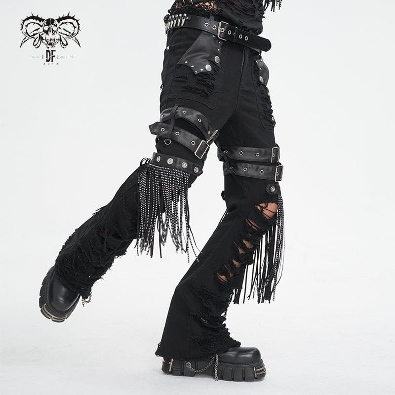 DEVIL FASHION Men's Gothic Ripped Tassels Pants
