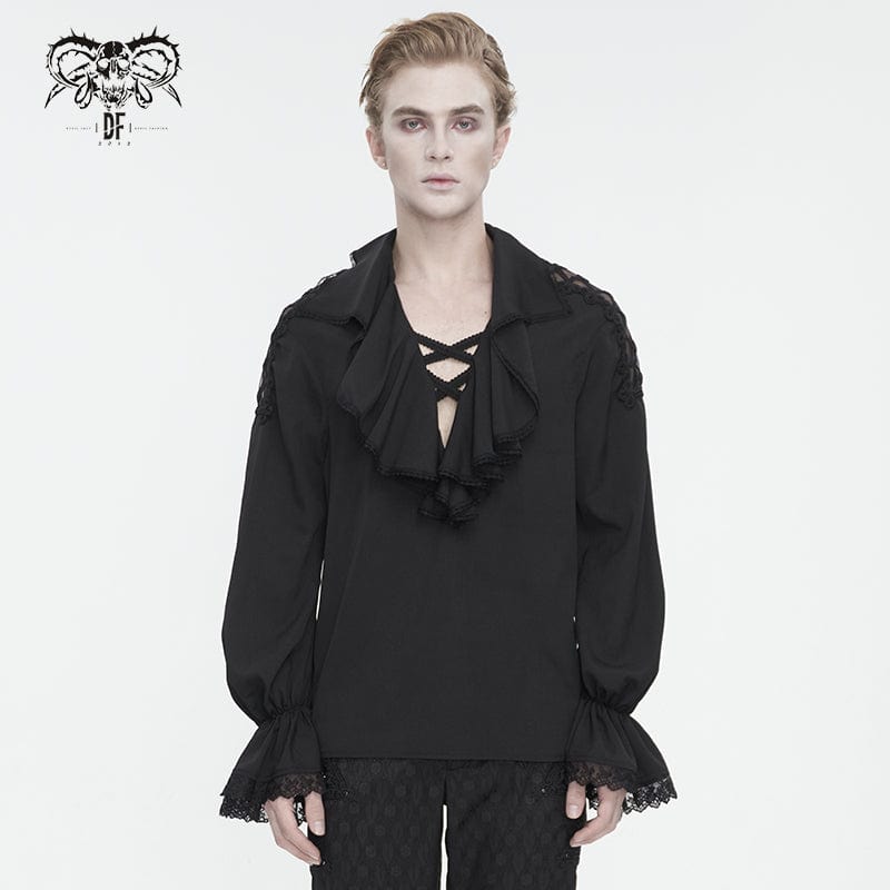 DEVIL FASHION Men's Gothic Ruffled Collar Puff Sleeved Shirt Black