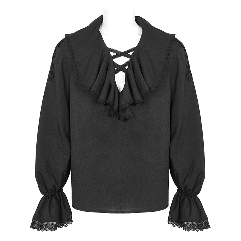 DEVIL FASHION Men's Gothic Ruffled Collar Puff Sleeved Shirt Black