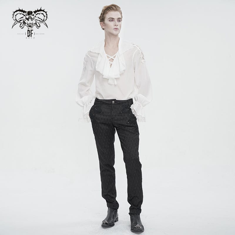 DEVIL FASHION Men's Gothic Ruffled Collar Puff Sleeved Shirt White