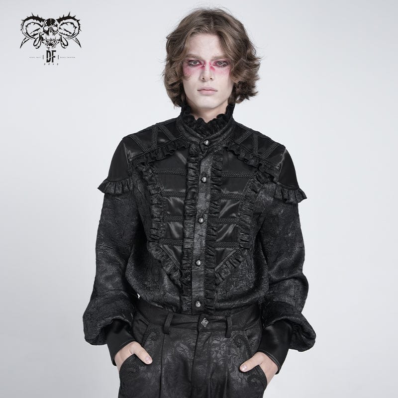 DEVIL FASHION Men's Gothic Ruffled Stand Collar Puff Sleeved Shirt Black
