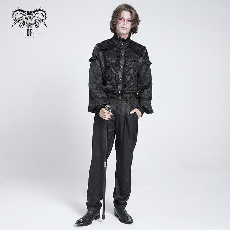 DEVIL FASHION Men's Gothic Ruffled Stand Collar Puff Sleeved Shirt Black