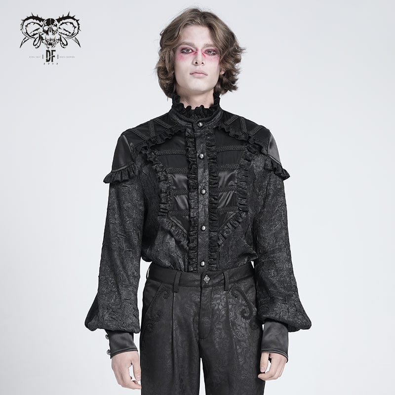 DEVIL FASHION Men's Gothic Ruffled Stand Collar Puff Sleeved Shirt Black