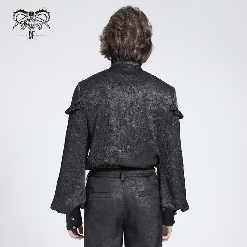 DEVIL FASHION Men's Gothic Ruffled Stand Collar Puff Sleeved Shirt Black