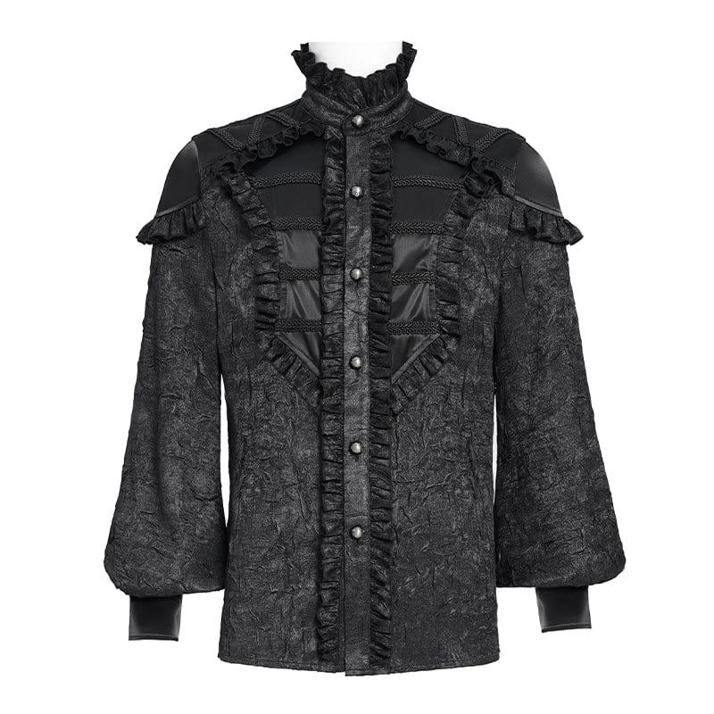 DEVIL FASHION Men's Gothic Ruffled Stand Collar Puff Sleeved Shirt Black