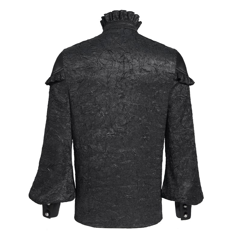DEVIL FASHION Men's Gothic Ruffled Stand Collar Puff Sleeved Shirt Black