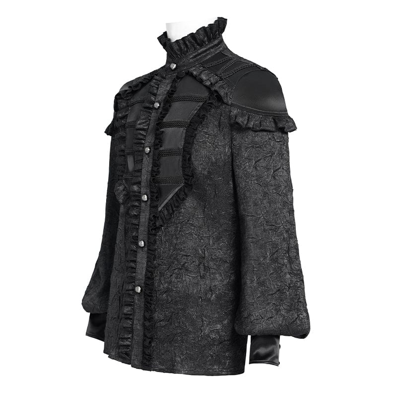 DEVIL FASHION Men's Gothic Ruffled Stand Collar Puff Sleeved Shirt Black