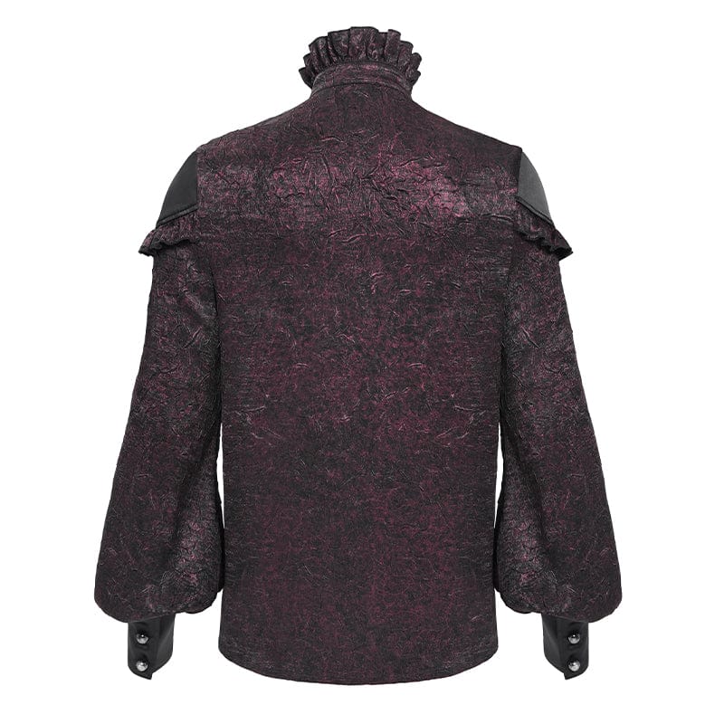 DEVIL FASHION Men's Gothic Ruffled Stand Collar Puff Sleeved Shirt Red