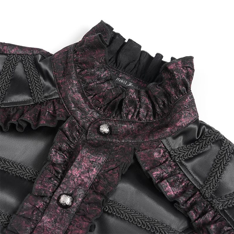 DEVIL FASHION Men's Gothic Ruffled Stand Collar Puff Sleeved Shirt Red