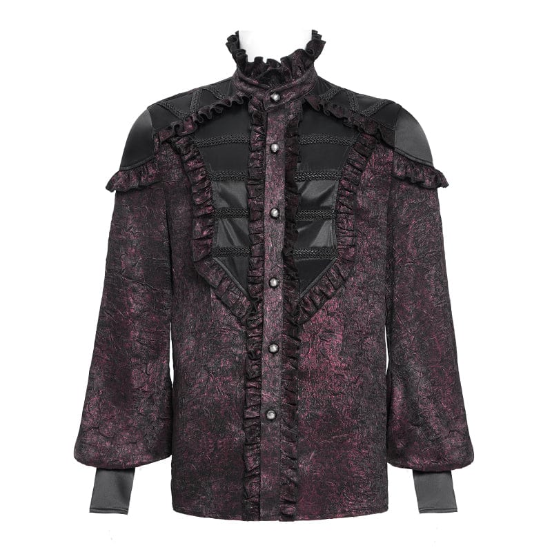 DEVIL FASHION Men's Gothic Ruffled Stand Collar Puff Sleeved Shirt Red