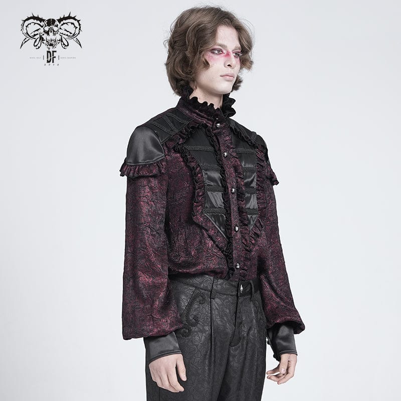 DEVIL FASHION Men's Gothic Ruffled Stand Collar Puff Sleeved Shirt Red