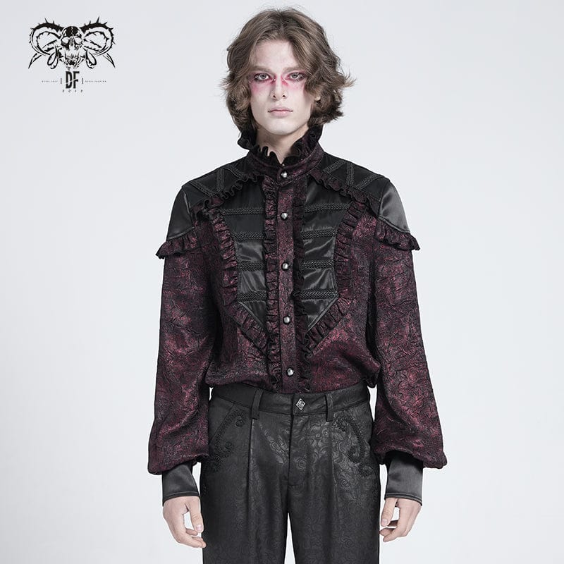 DEVIL FASHION Men's Gothic Ruffled Stand Collar Puff Sleeved Shirt Red