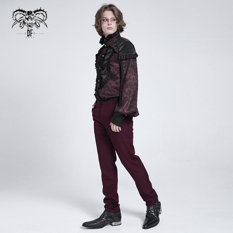 DEVIL FASHION Men's Gothic Ruffled Stand Collar Puff Sleeved Shirt Red