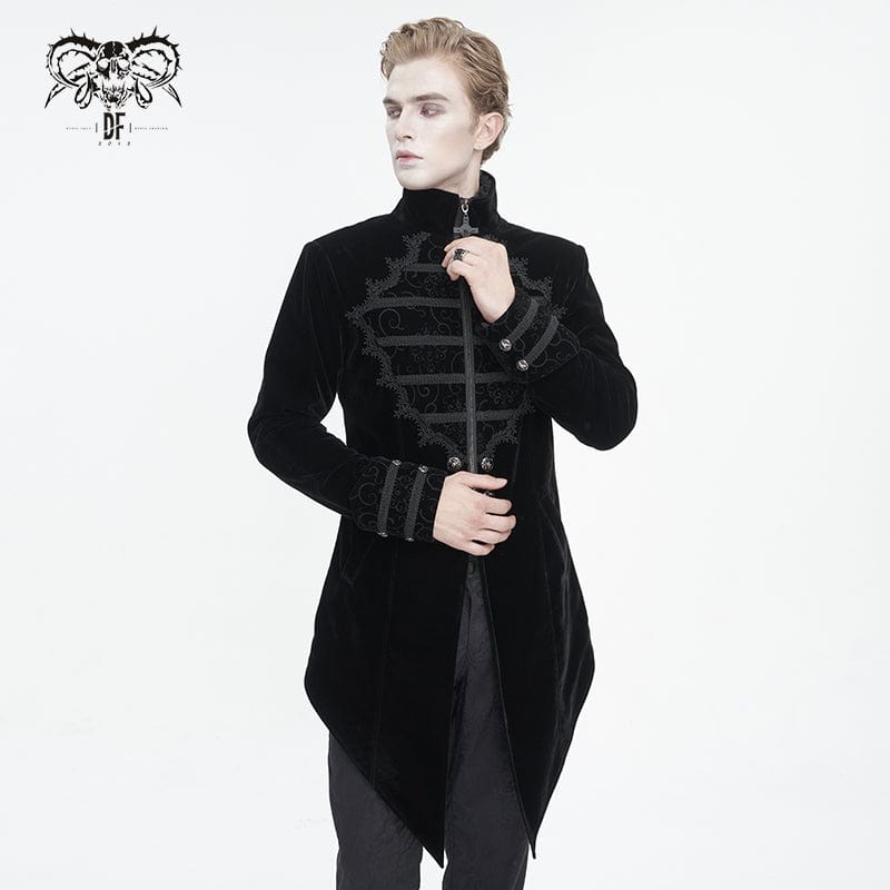 DEVIL FASHION Men's Gothic Stand Collar Lace Splice Swallow-tailed Coat Black