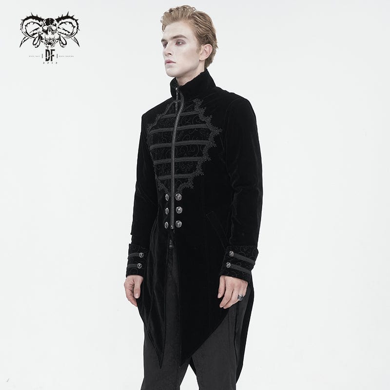 DEVIL FASHION Men's Gothic Stand Collar Lace Splice Swallow-tailed Coat Black