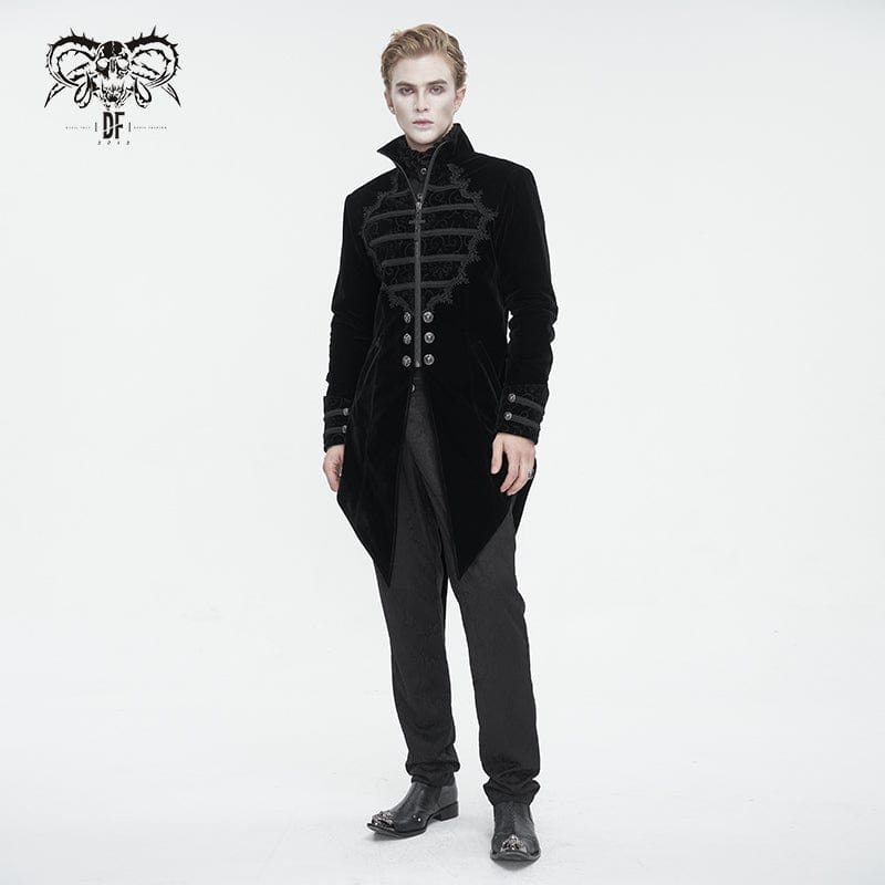 DEVIL FASHION Men's Gothic Stand Collar Lace Splice Swallow-tailed Coat Black