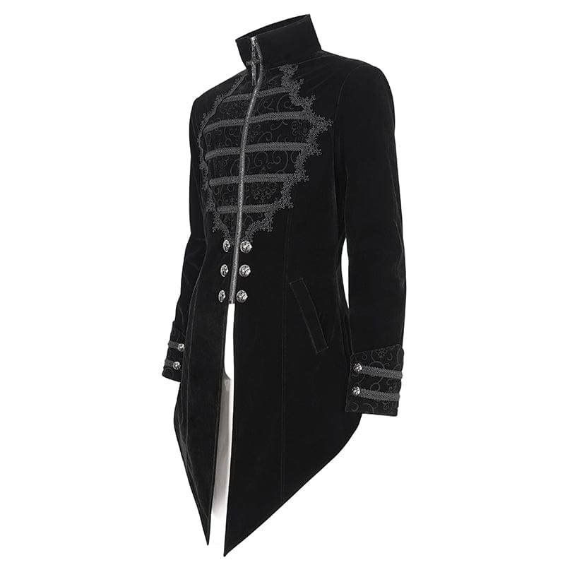 DEVIL FASHION Men's Gothic Stand Collar Lace Splice Swallow-tailed Coat Black