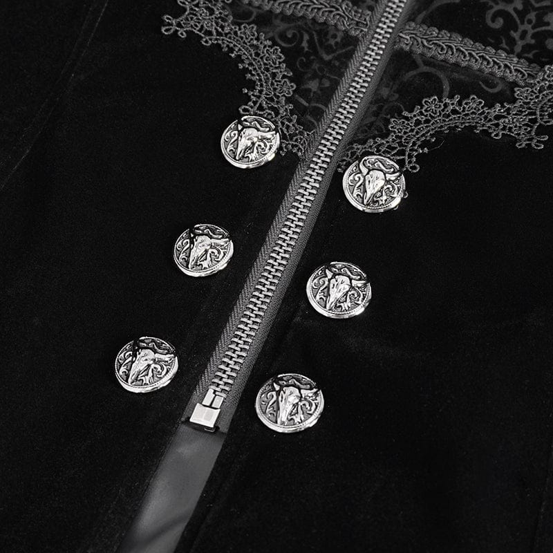 DEVIL FASHION Men's Gothic Stand Collar Lace Splice Swallow-tailed Coat Black