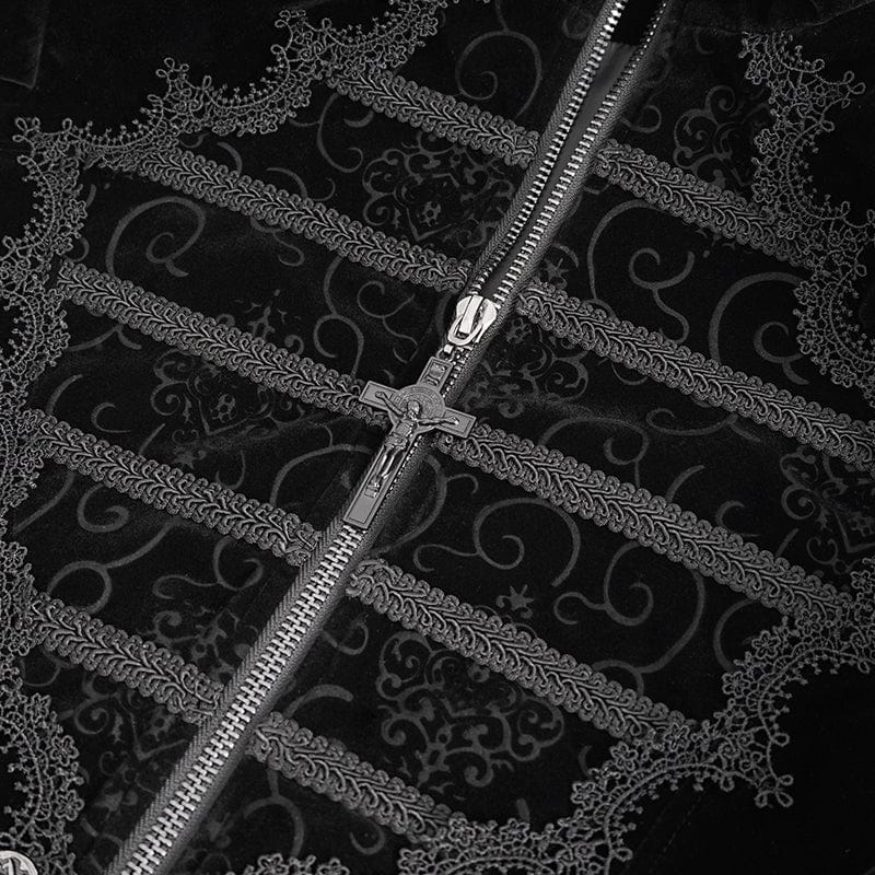 DEVIL FASHION Men's Gothic Stand Collar Lace Splice Swallow-tailed Coat Black