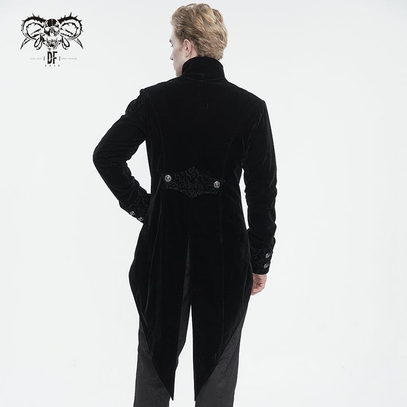 DEVIL FASHION Men's Gothic Stand Collar Lace Splice Swallow-tailed Coat Black