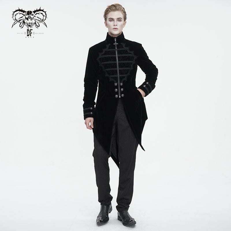 DEVIL FASHION Men's Gothic Stand Collar Lace Splice Swallow-tailed Coat Black