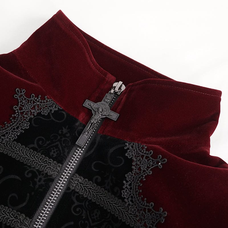 DEVIL FASHION Men's Gothic Stand Collar Lace Splice Swallow-tailed Coat Red